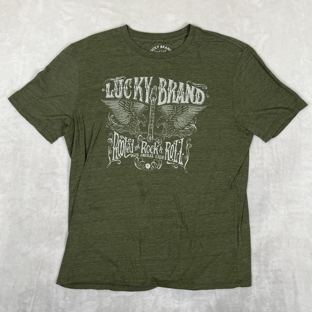 Lucky Brand T-Shirt Mens Large Green Rooted In Rock & Roll Eagle Graphic Tee
